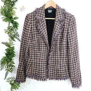 Anthracite Tweed Womens Jacket Sz 10 Black Pink Fringed Edges Hook Closure《896》J